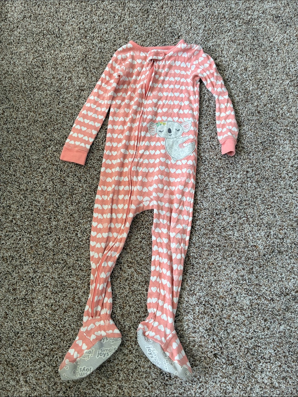 Pink Heart Print Footed Pajamas with Koala Appliqué